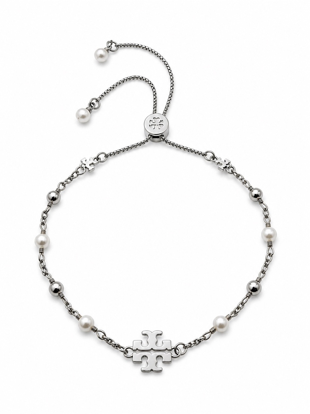 Tory Burch Logo Pearl Beaded Slider in Silver Bracelet